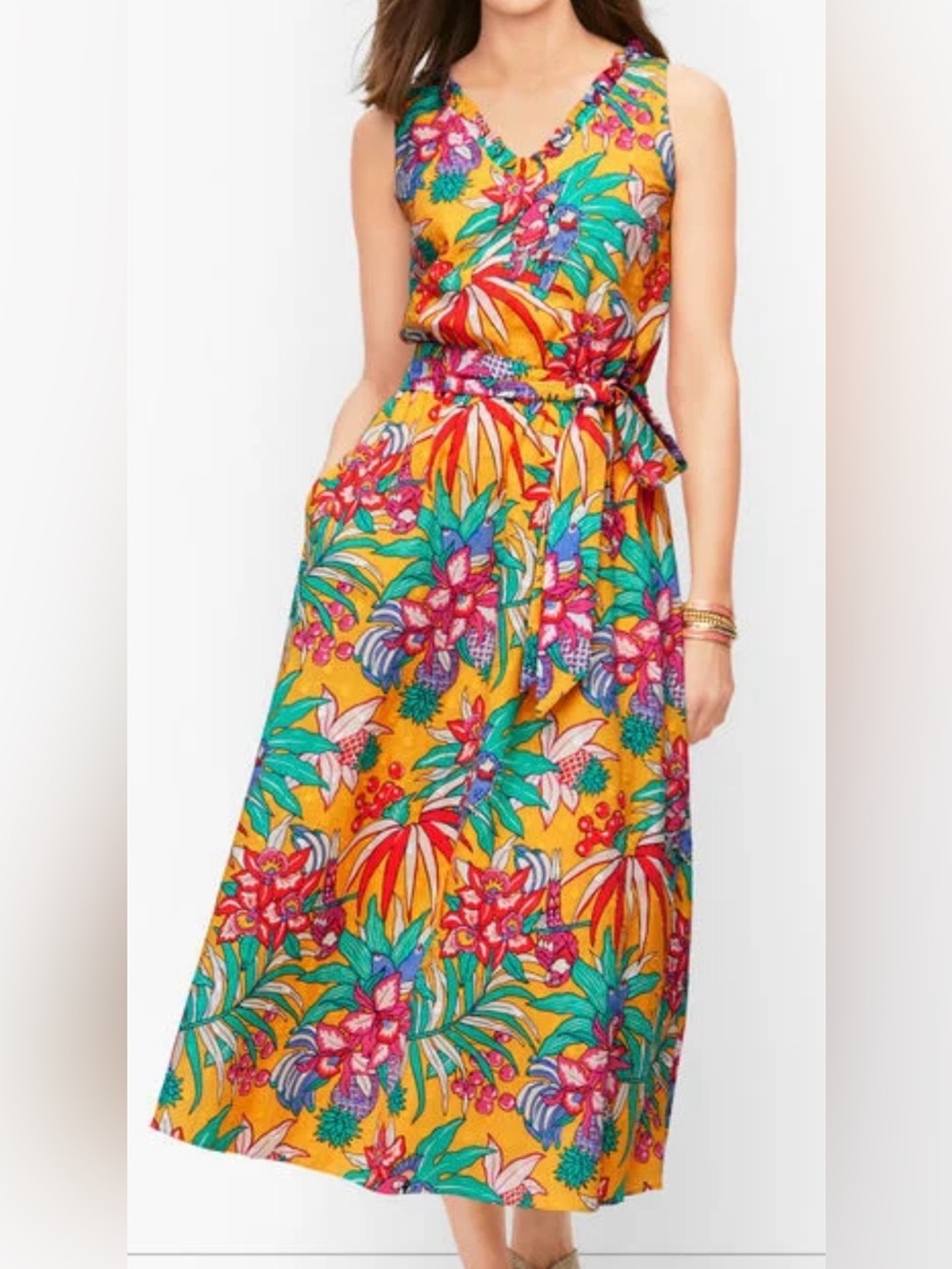 Talbots Tropical Print 100% Cotton Dress Size 6 Yellow Floral Parrot Midi Belted - Picture 11 of 12